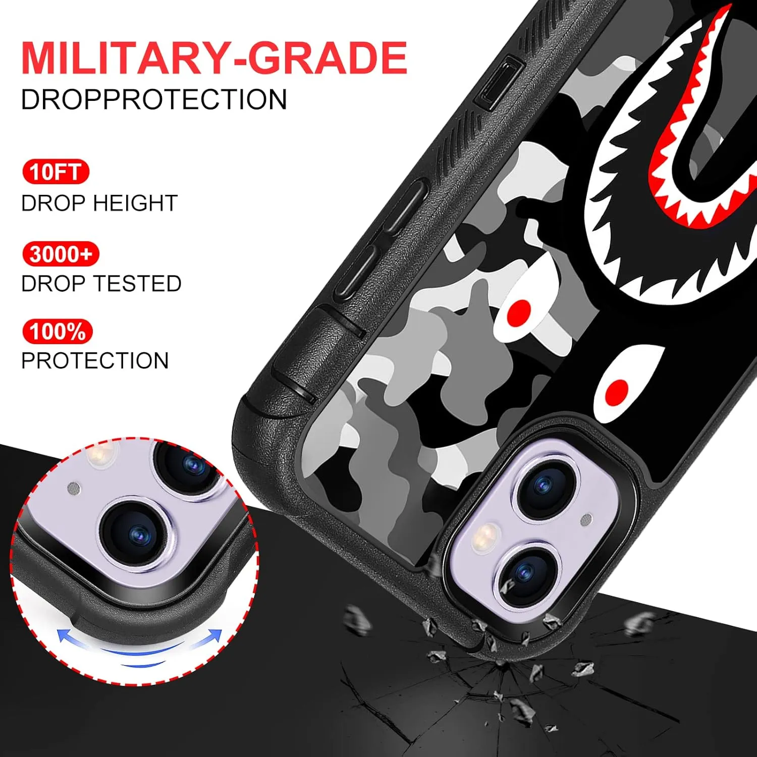 Compatible with iPhone 15 Case Cool Camo Black White Shark Street Fashion Design for Boys Kids, 3-Layer Rugged Shockproof Hard Plastic Bumper Silicone Rubber Heavy Duty Protection Cover