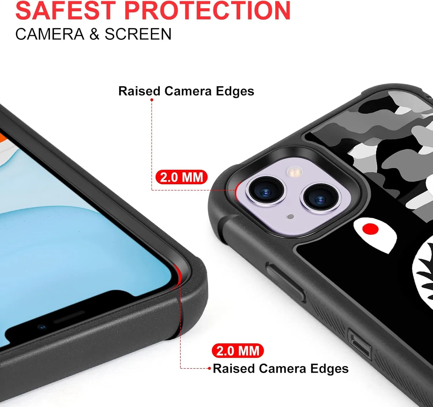 Compatible with iPhone 15 Case Cool Camo Black White Shark Street Fashion Design for Boys Kids, 3-Layer Rugged Shockproof Hard Plastic Bumper Silicone Rubber Heavy Duty Protection Cover