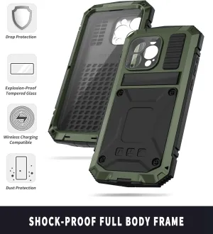 Compatible with iPhone 15 Metal Case with Screen Protector Camera Protector Military Rugged Heavy Duty Shockproof Case with Metal Kickstand Full Body Tough Dustproof Case (Green)