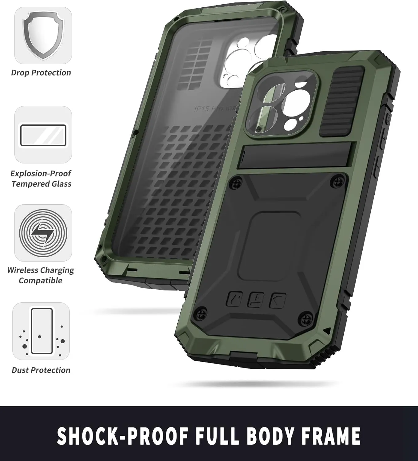 Compatible with iPhone 15 Metal Case with Screen Protector Camera Protector Military Rugged Heavy Duty Shockproof Case with Metal Kickstand Full Body Tough Dustproof Case (Green)