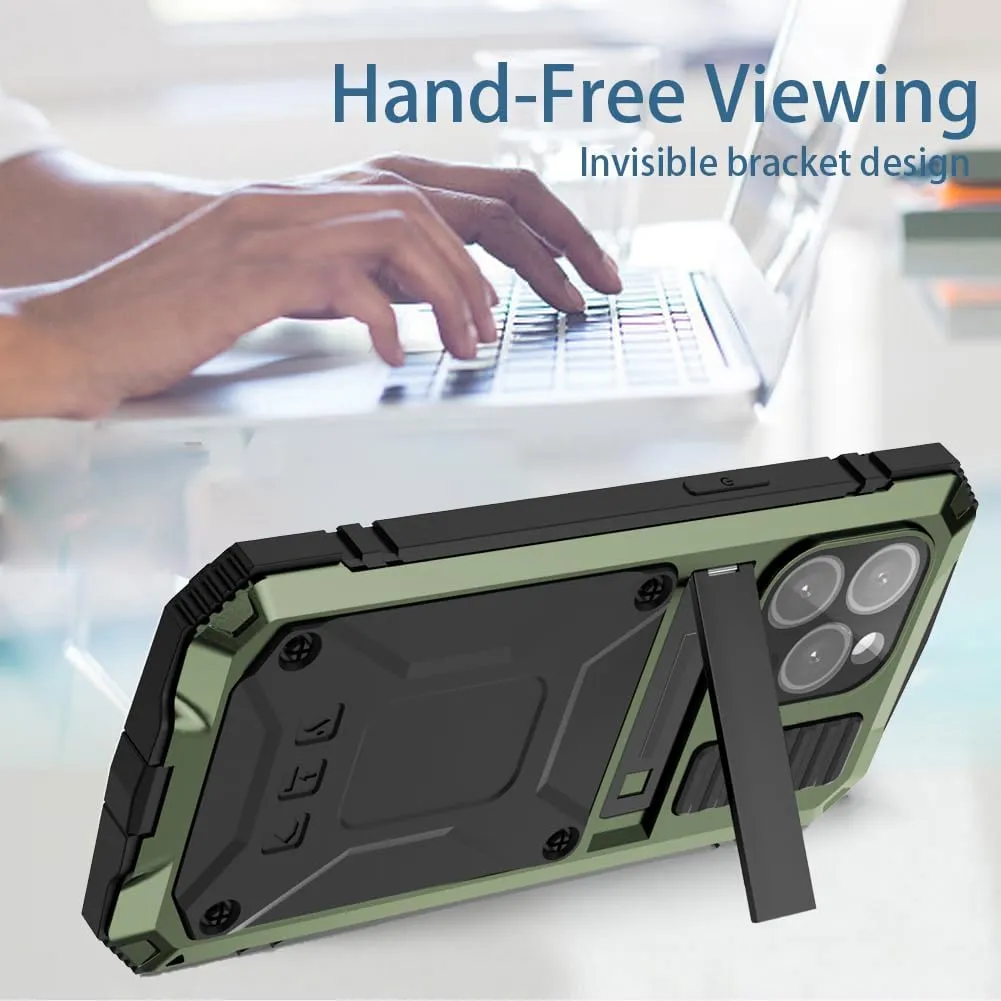 Compatible with iPhone 15 Metal Case with Screen Protector Camera Protector Military Rugged Heavy Duty Shockproof Case with Metal Kickstand Full Body Tough Dustproof Case (Green)