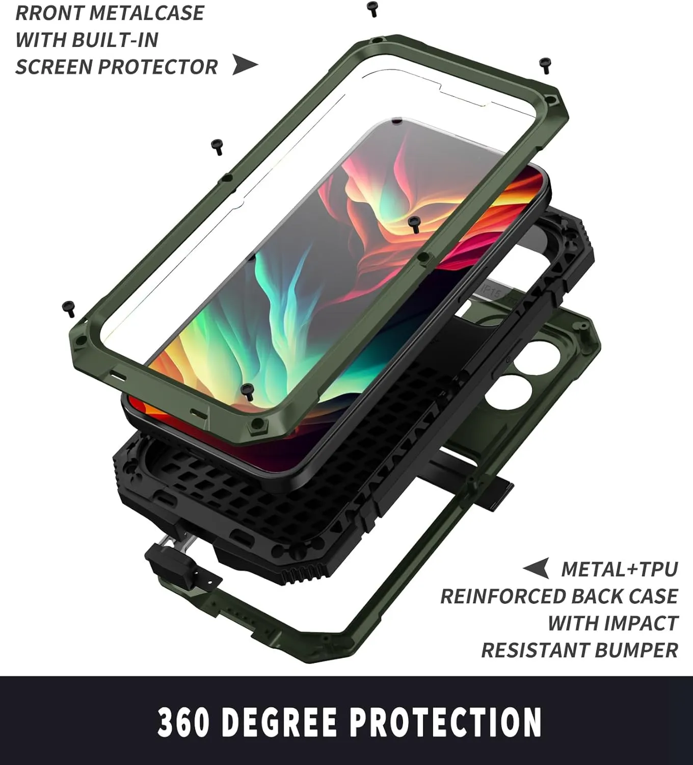 Compatible with iPhone 15 Metal Case with Screen Protector Camera Protector Military Rugged Heavy Duty Shockproof Case with Metal Kickstand Full Body Tough Dustproof Case (Green)