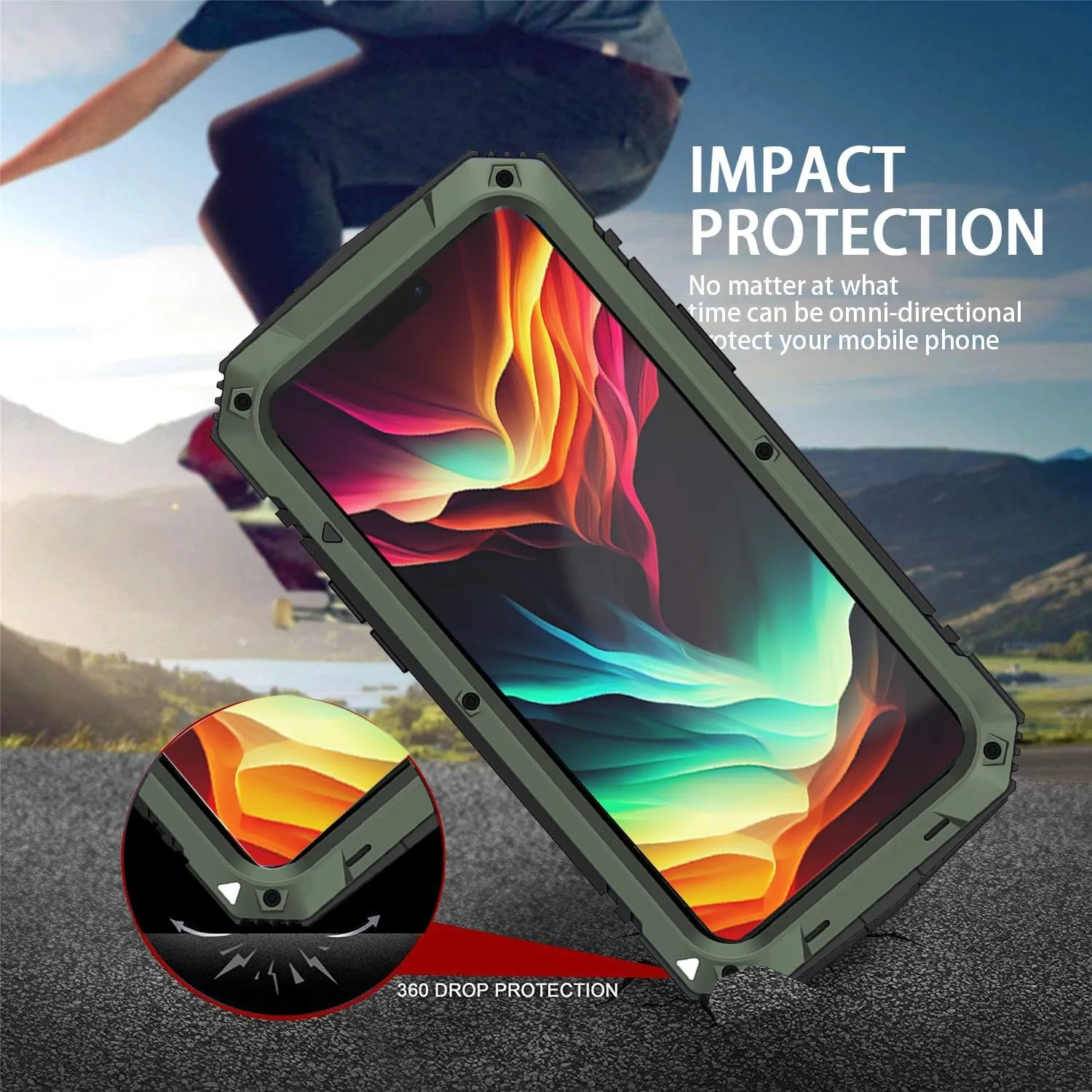 Compatible with iPhone 15 Metal Case with Screen Protector Camera Protector Military Rugged Heavy Duty Shockproof Case with Metal Kickstand Full Body Tough Dustproof Case (Green)