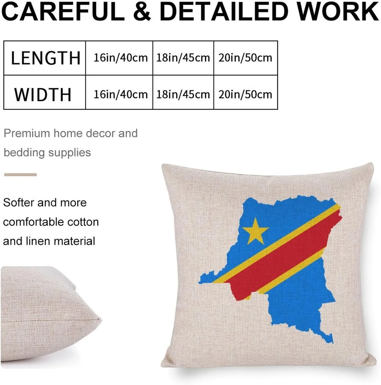 Congo Flag Map Cotton and Linen Pillow Case Pattern Print Pillow Cover Zippered Cushion Covers for Sofa Bed 16"x16"