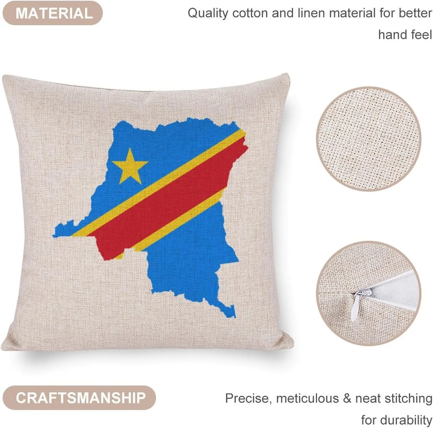 Congo Flag Map Cotton and Linen Pillow Case Pattern Print Pillow Cover Zippered Cushion Covers for Sofa Bed 16"x16"