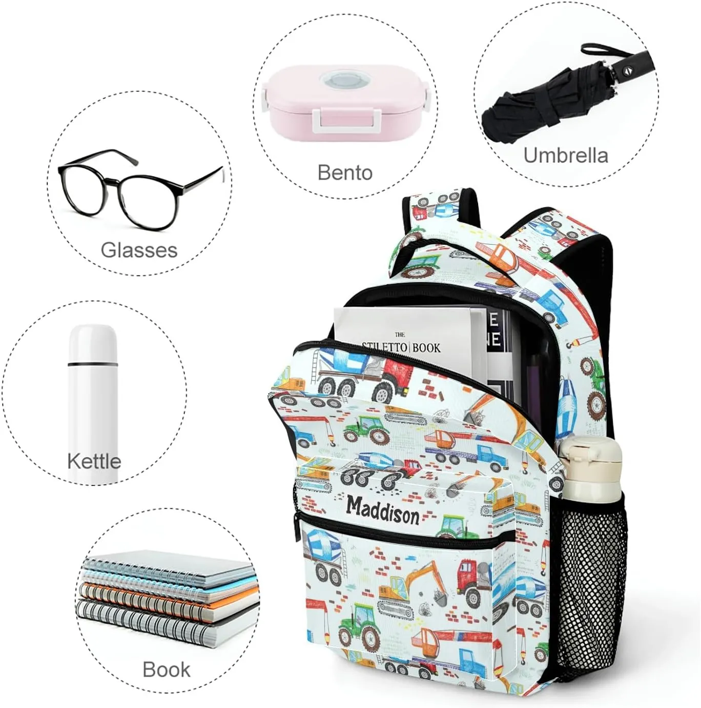 Construction Trucks Tractor Excavator Crane Cement Personalized School Backpack for Kid-Boy/Girl Primary Daypack Travel Bookbag, Option 1, K10255
