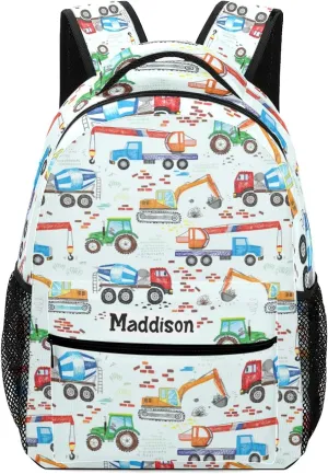 Construction Trucks Tractor Excavator Crane Cement Personalized School Backpack for Kid-Boy/Girl Primary Daypack Travel Bookbag, Option 1, K10255