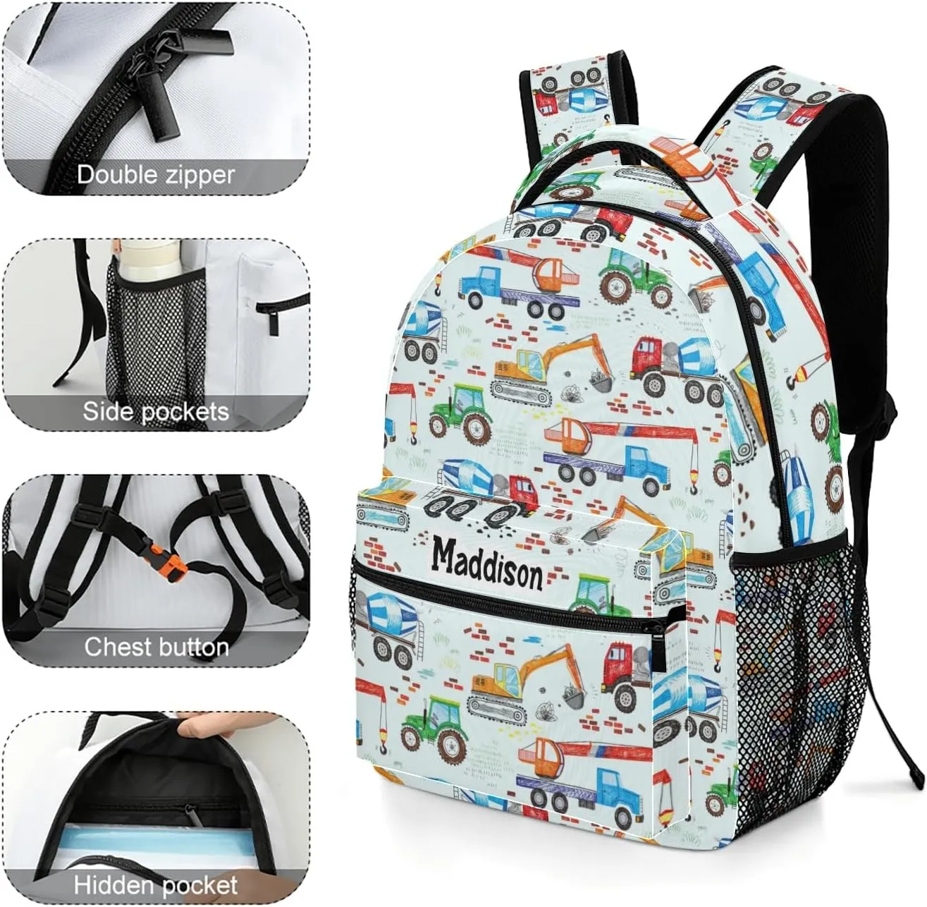 Construction Trucks Tractor Excavator Crane Cement Personalized School Backpack for Kid-Boy/Girl Primary Daypack Travel Bookbag, Option 1, K10255