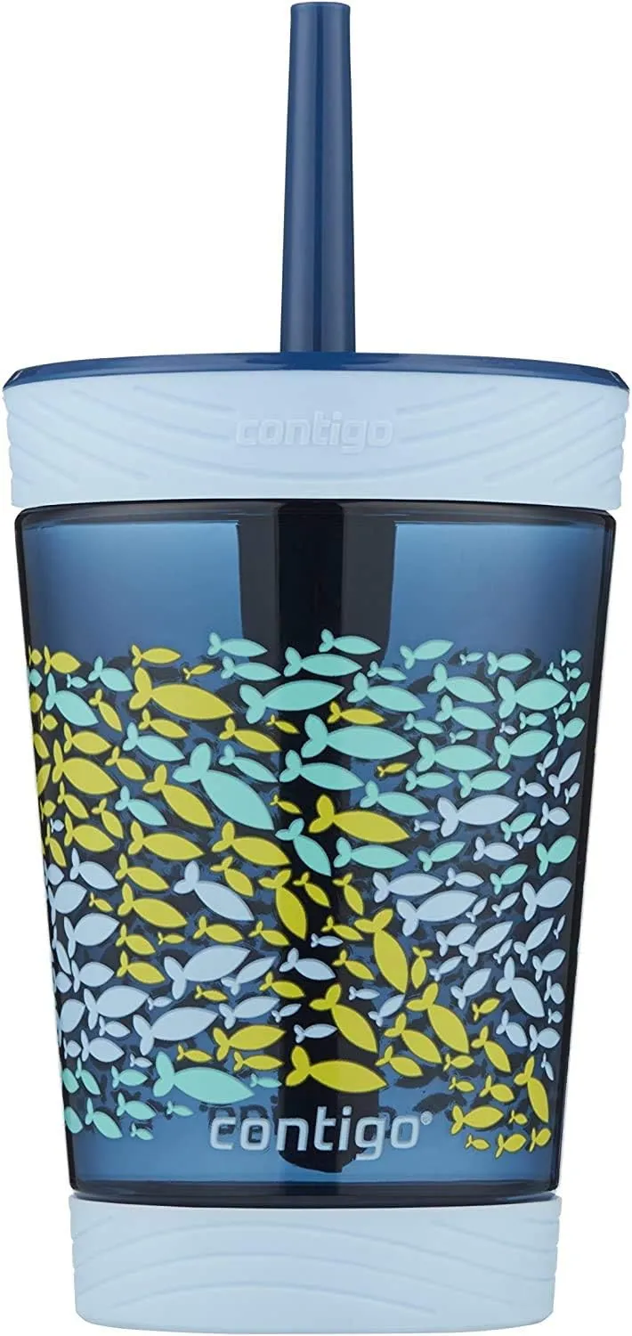 Contigo Kids Spill-Proof 14oz Tumbler & Kids Spill-Proof 14oz Tumbler with Straw and BPA-Free Plastic, Fits Most Cup Holders and Dishwasher Safe, Nautical Fish