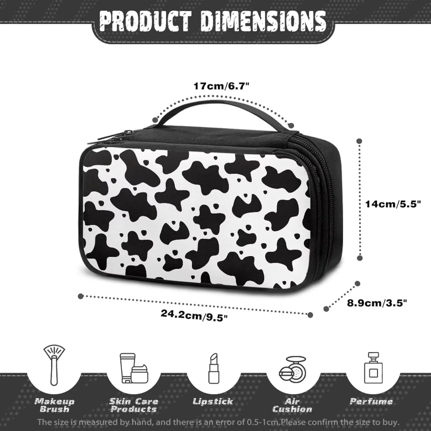 Cow Print Pocket Cosmetic Bag Womens Travel Cosmetic Organizer Makeup Bag with Zipper Travel Cosmetic Bag Easy To Carry for Long and Short Weekend Trips or Camping Trips