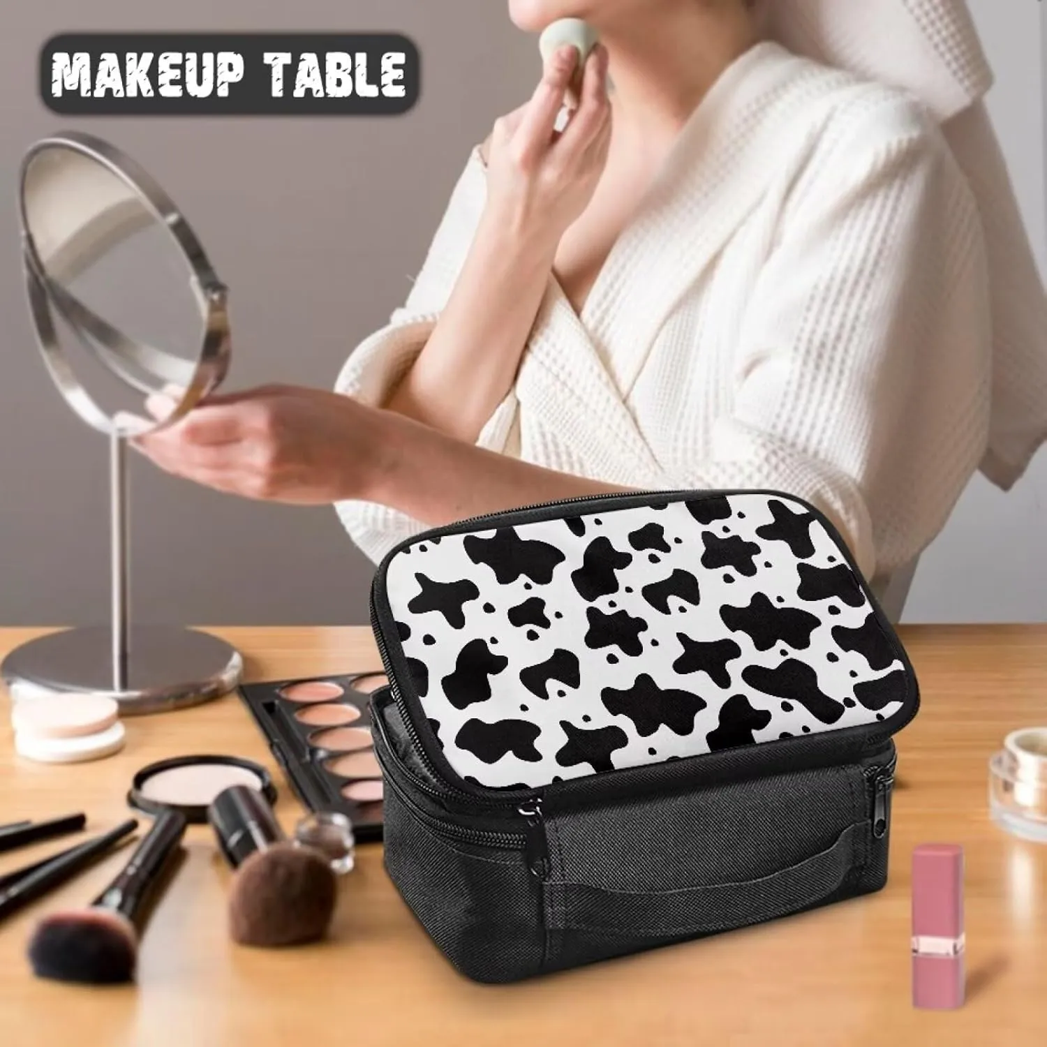 Cow Print Pocket Cosmetic Bag Womens Travel Cosmetic Organizer Makeup Bag with Zipper Travel Cosmetic Bag Easy To Carry for Long and Short Weekend Trips or Camping Trips