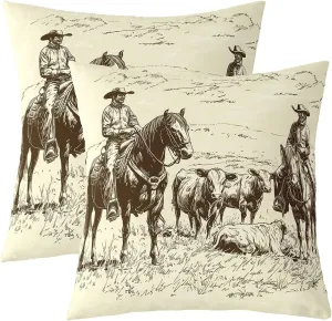 Cowboy Throw Pillow Covers Southwestern Horse Farm Cow Decor Cushion Covers for Kids Teens Adults Sketch Wild Animals Vintage Rustic Style Pillow Cases for Living Room Sofa 22x22 Inch Set of 2