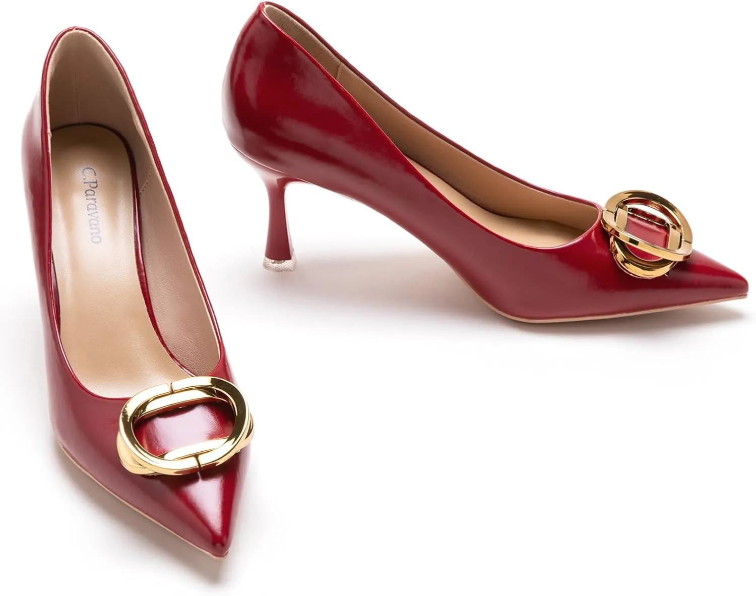 C.Paravano Women's Metal Buckle Stiletto Pumps-Professional Business Meeting Shoes with Metal Accents&Chic Pointed Toe Design,All-Day Comfort Heels for Wedding Events(Red,Size 11.5)