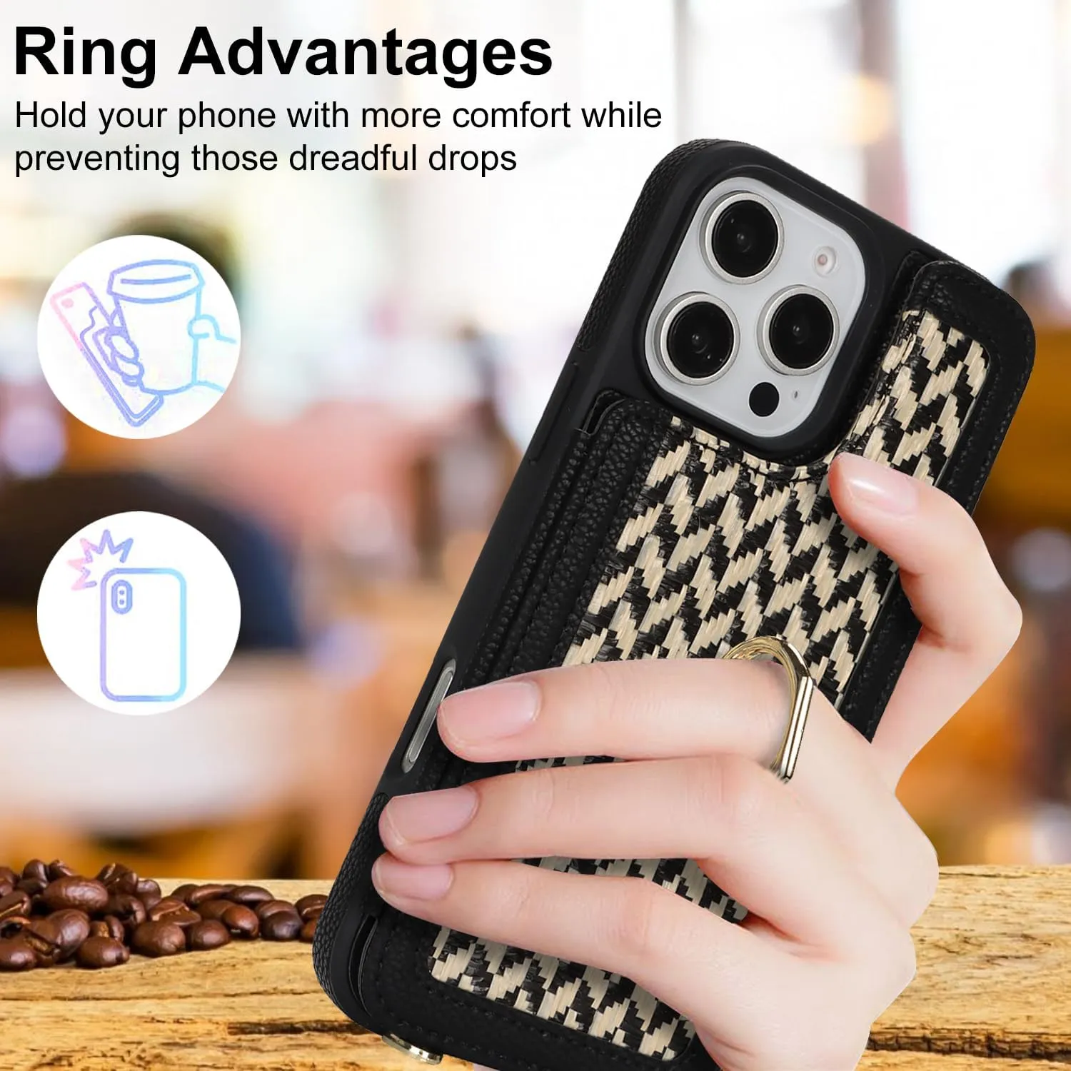 Crossbody Wallet Case for iPhone 16 Pro, PU Leather Purse with Wristlet Strap Lanyard Pocket Card Holder 360° Ring Kickstand Cover for Women Case for Apple iPhone 16 Pro.Lines Black