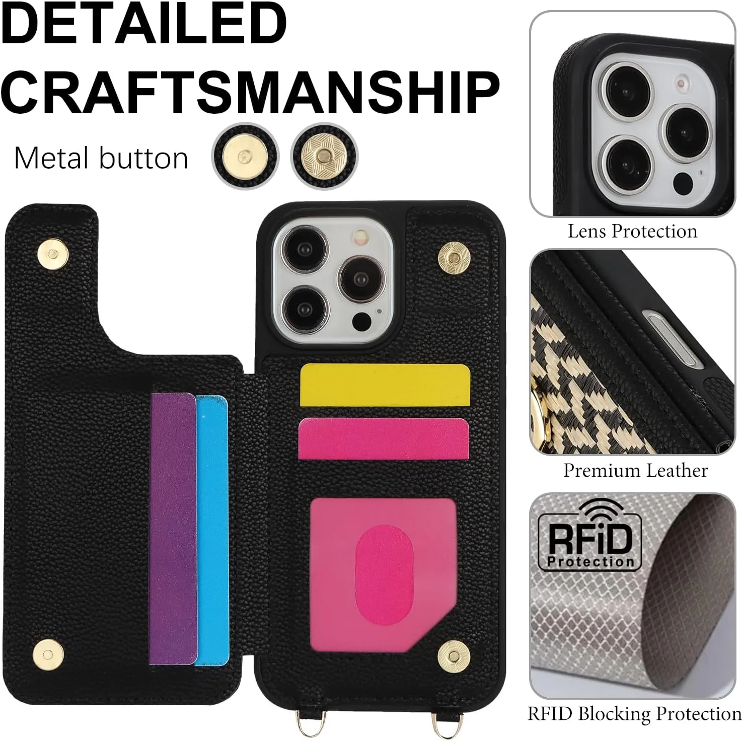 Crossbody Wallet Case for iPhone 16 Pro, PU Leather Purse with Wristlet Strap Lanyard Pocket Card Holder 360° Ring Kickstand Cover for Women Case for Apple iPhone 16 Pro.Lines Black