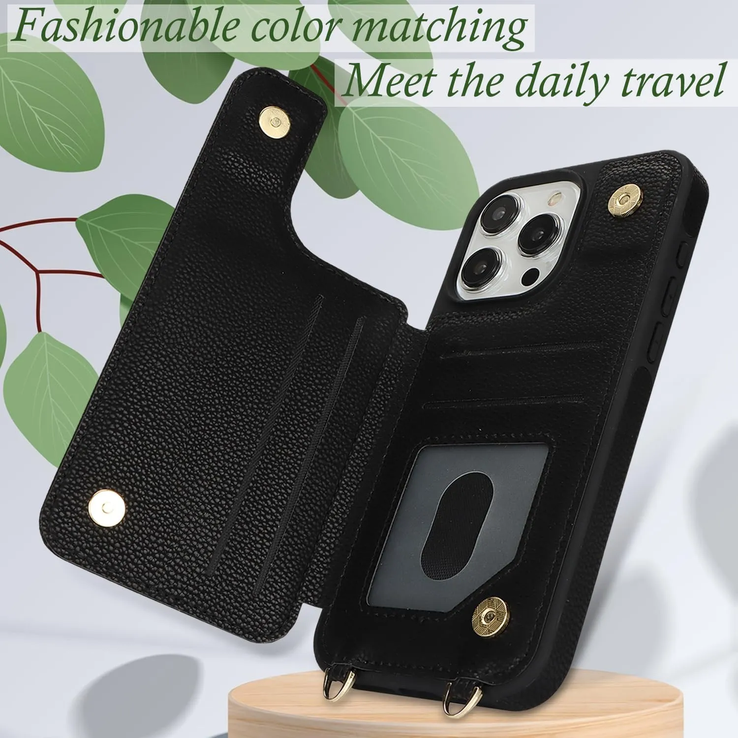 Crossbody Wallet Case for iPhone 16 Pro, PU Leather Purse with Wristlet Strap Lanyard Pocket Card Holder 360° Ring Kickstand Cover for Women Case for Apple iPhone 16 Pro.Lines Black