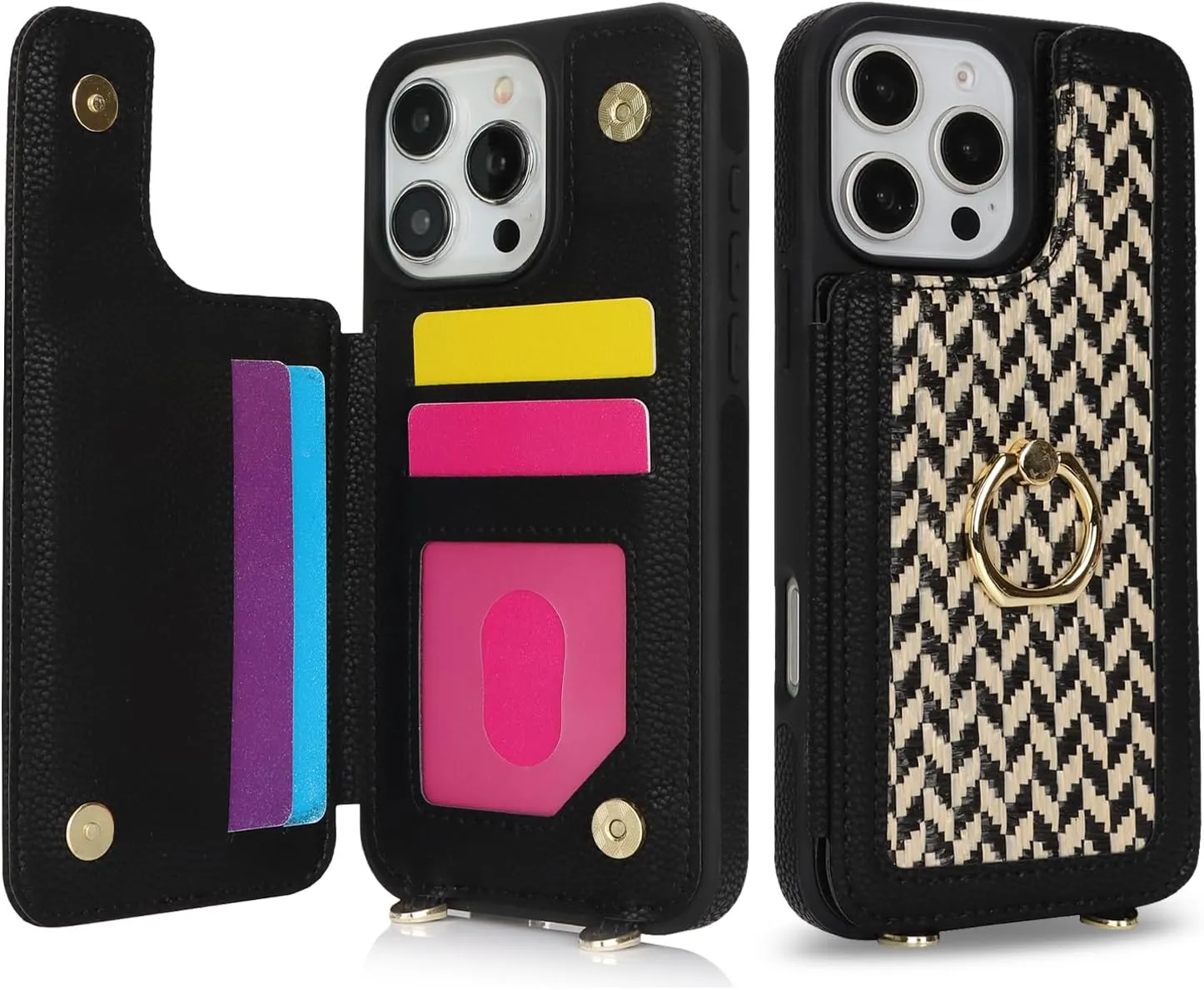 Crossbody Wallet Case for iPhone 16 Pro, PU Leather Purse with Wristlet Strap Lanyard Pocket Card Holder 360° Ring Kickstand Cover for Women Case for Apple iPhone 16 Pro.Lines Black