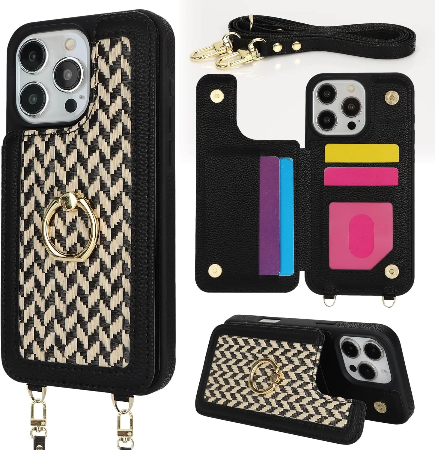 Crossbody Wallet Case for iPhone 16 Pro, PU Leather Purse with Wristlet Strap Lanyard Pocket Card Holder 360° Ring Kickstand Cover for Women Case for Apple iPhone 16 Pro.Lines Black