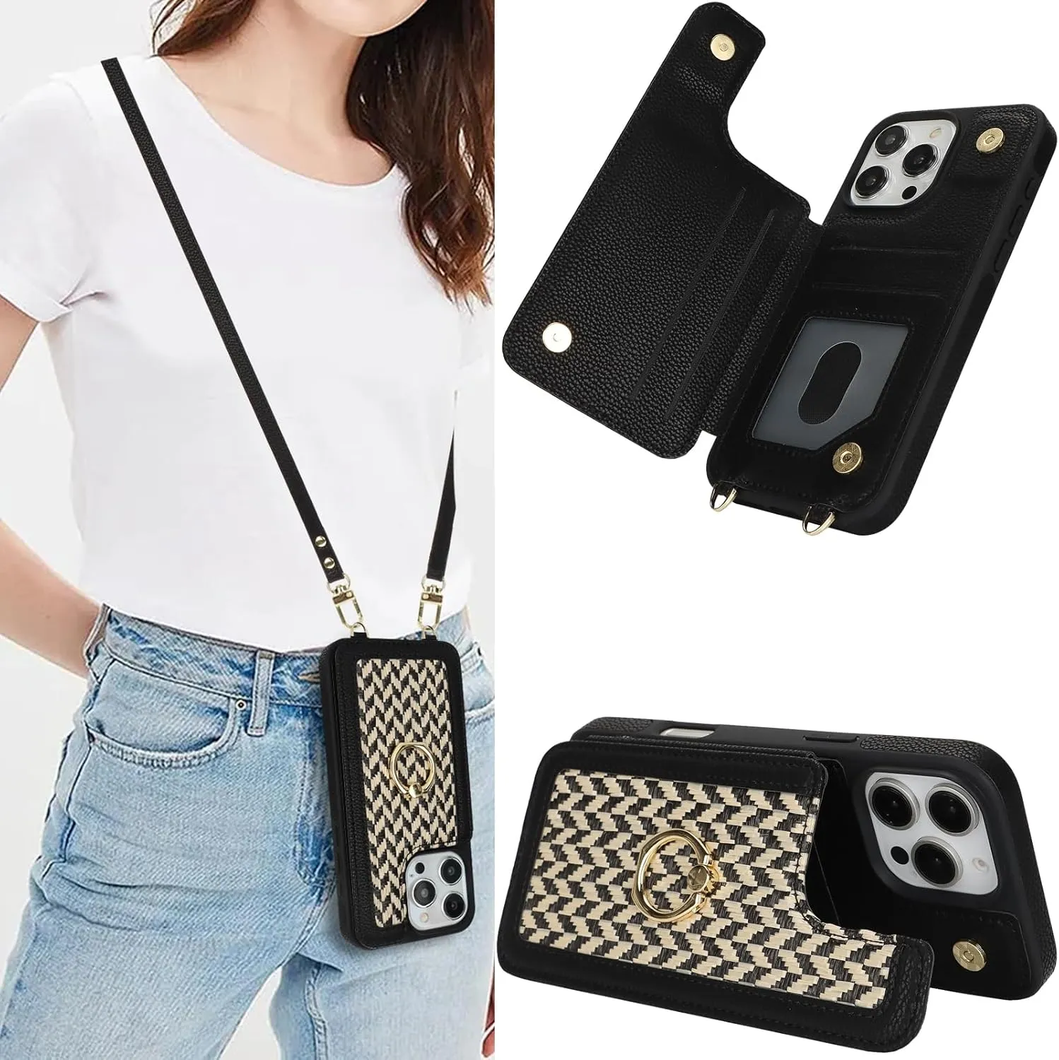 Crossbody Wallet Case for iPhone 16 Pro, PU Leather Purse with Wristlet Strap Lanyard Pocket Card Holder 360° Ring Kickstand Cover for Women Case for Apple iPhone 16 Pro.Lines Black