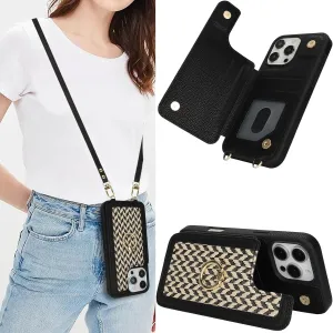 Crossbody Wallet Case for iPhone 16 Pro, PU Leather Purse with Wristlet Strap Lanyard Pocket Card Holder 360° Ring Kickstand Cover for Women Case for Apple iPhone 16 Pro.Lines Black