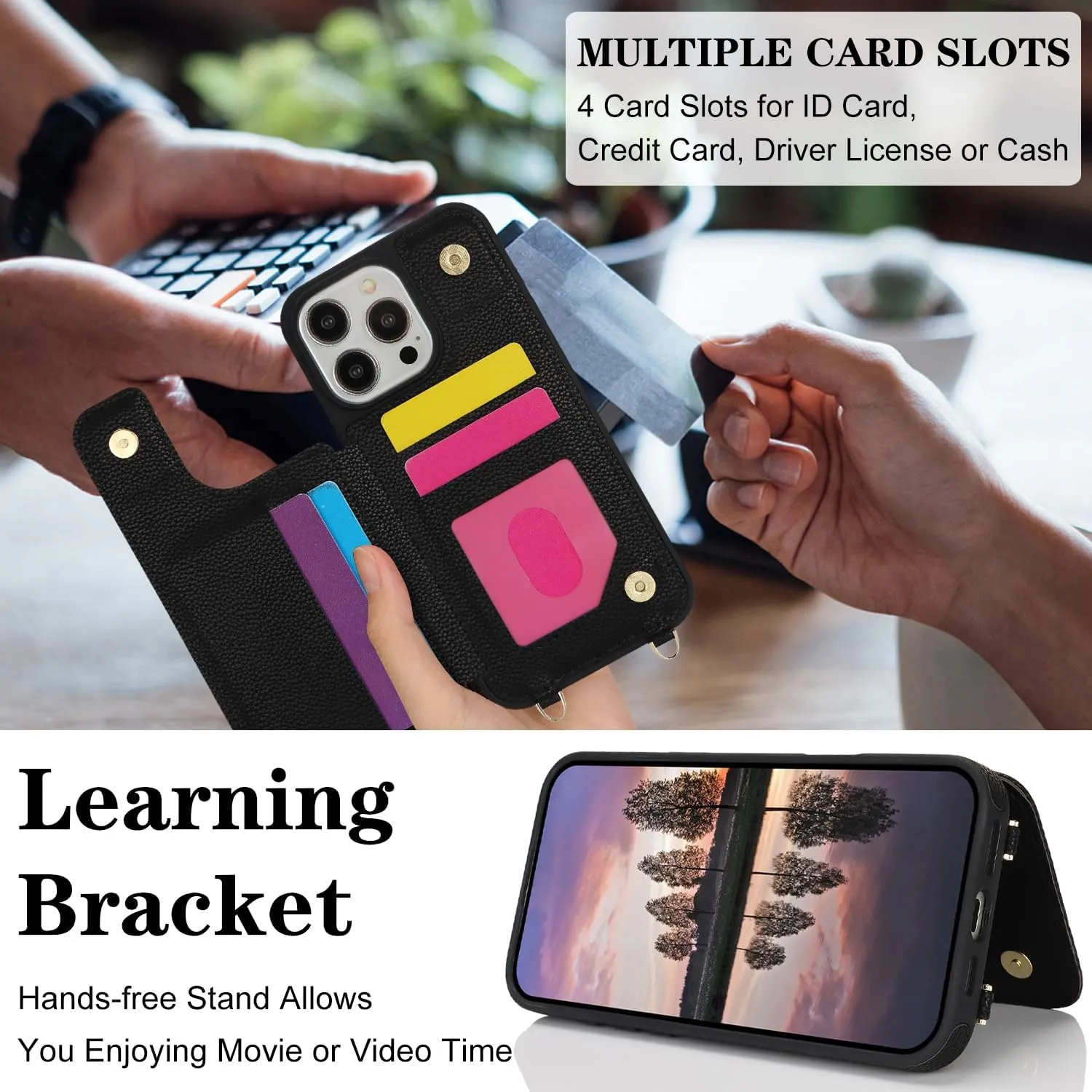 Crossbody Wallet Case for iPhone 16 Pro, PU Leather Purse with Wristlet Strap Lanyard Pocket Card Holder 360° Ring Kickstand Cover for Women Case for Apple iPhone 16 Pro.Lines Black