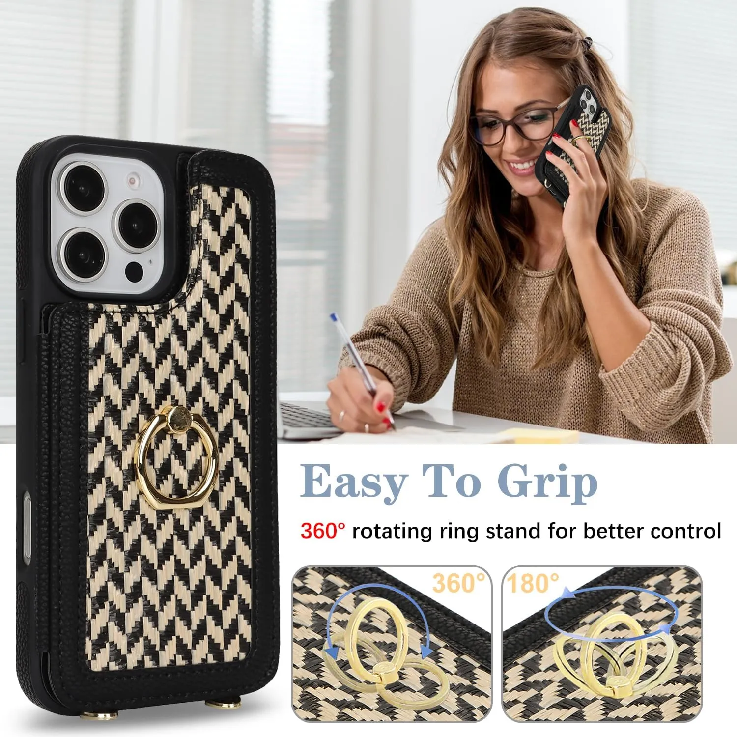 Crossbody Wallet Case for iPhone 16 Pro, PU Leather Purse with Wristlet Strap Lanyard Pocket Card Holder 360° Ring Kickstand Cover for Women Case for Apple iPhone 16 Pro.Lines Black