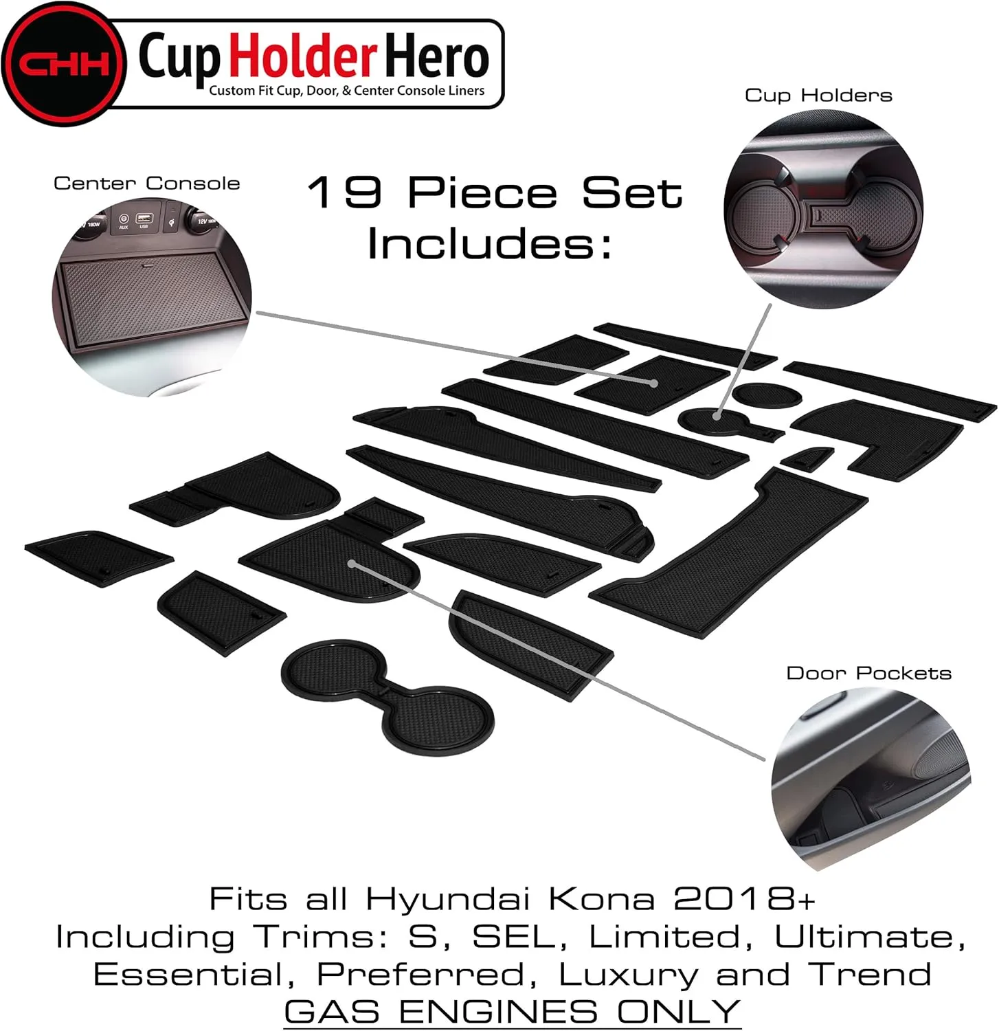 CupHolderHero Compatible with Hyundai Kona Accessories 2018-2021 Premium Custom Interior Non-Slip Anti Dust Cup Holder Inserts, Center Console Liner Mats, Door Pocket Liners 19pc Set (Solid Black)