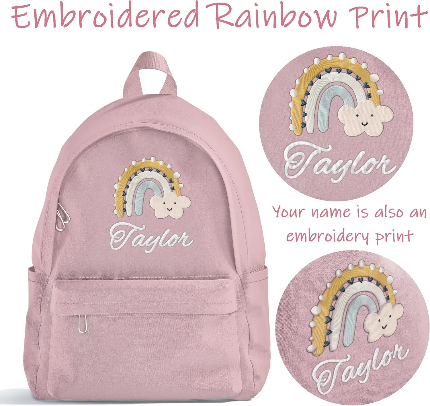 Custom Backpack for Girls and Boys with Name Rainbow Embroidery Print, Personalized Back to School Backpack for Kids First Day of School, Casual Backpack for Child
