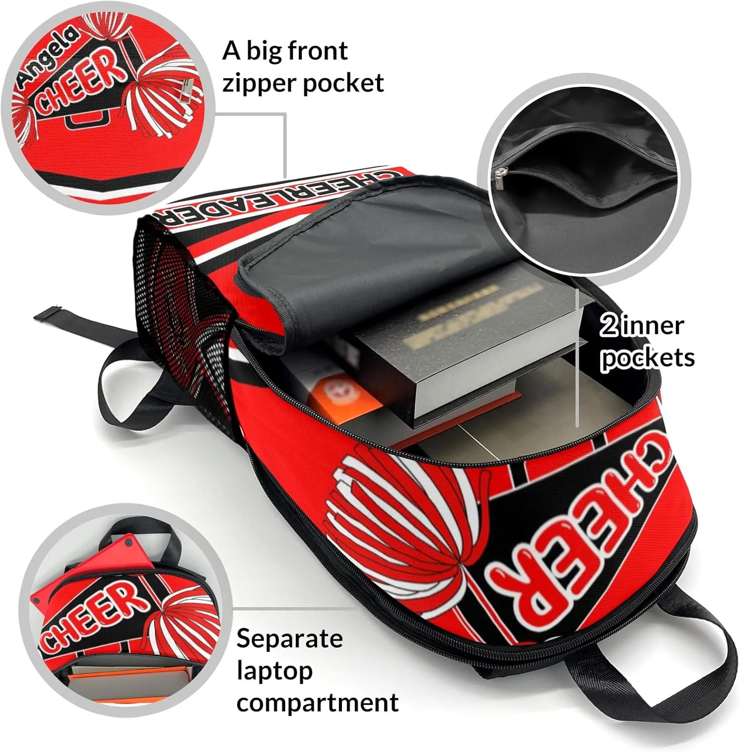 Custom Cheer Coach Red Stripes School Backpack Multipurpose Casual Bag Personalized with Name Waterproof Sport Daypack Travel Man Woman Bags