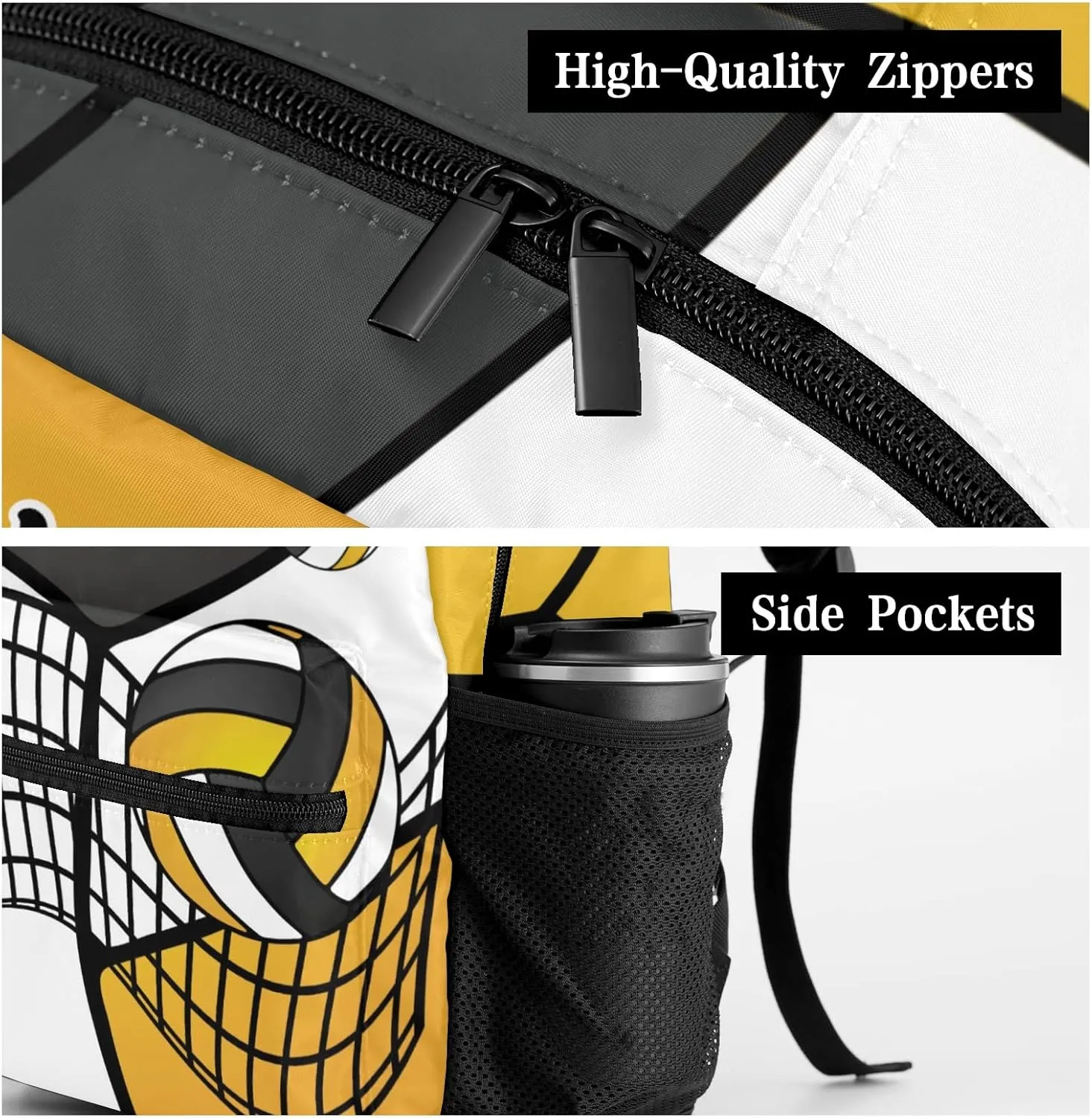 Custom Volleyball Yellow White Black Waterproof Backpack Bookbag with Name for Birthday Holiday Gift