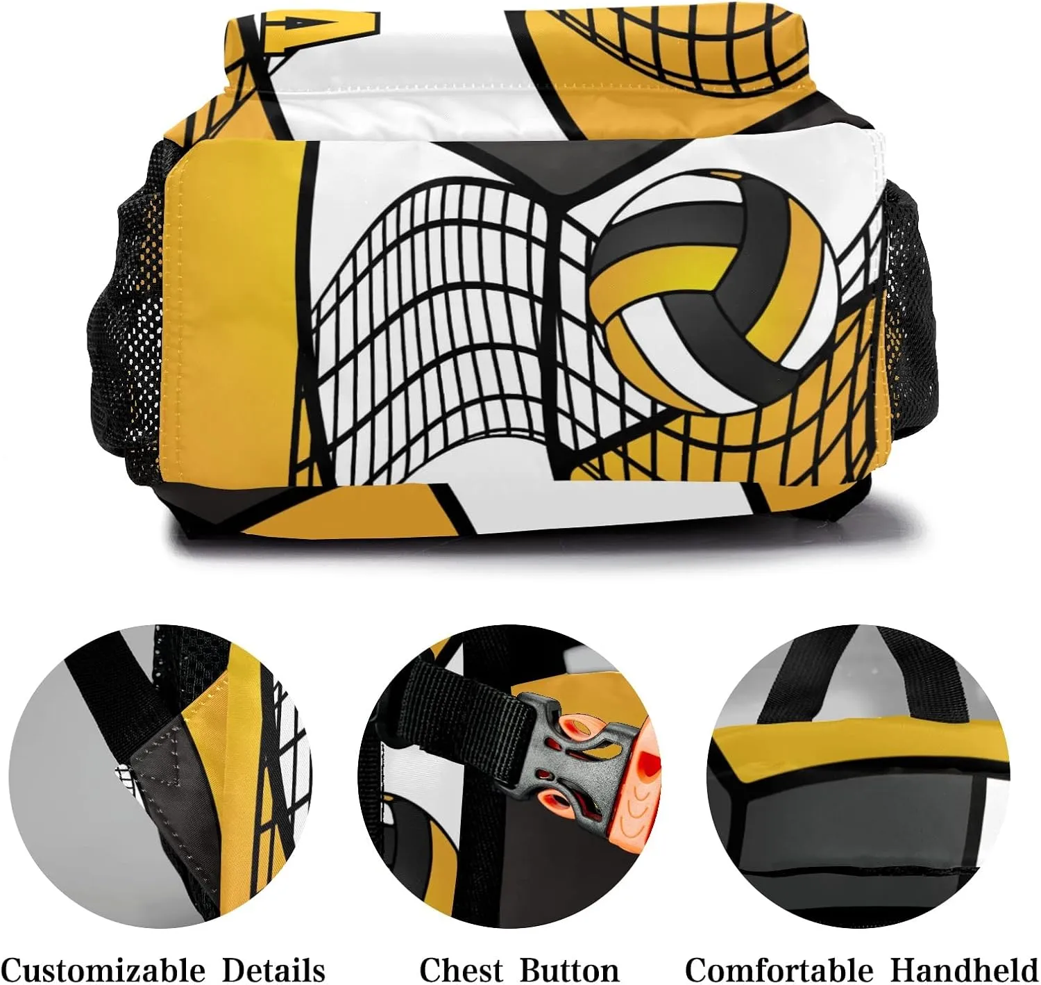 Custom Volleyball Yellow White Black Waterproof Backpack Bookbag with Name for Birthday Holiday Gift