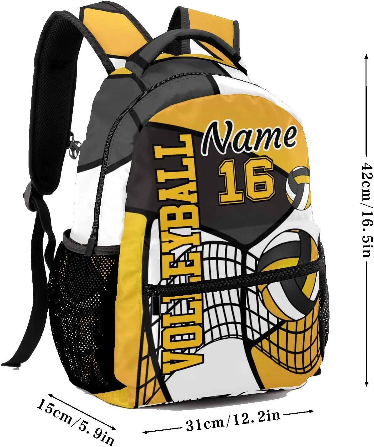 Custom Volleyball Yellow White Black Waterproof Backpack Bookbag with Name for Birthday Holiday Gift