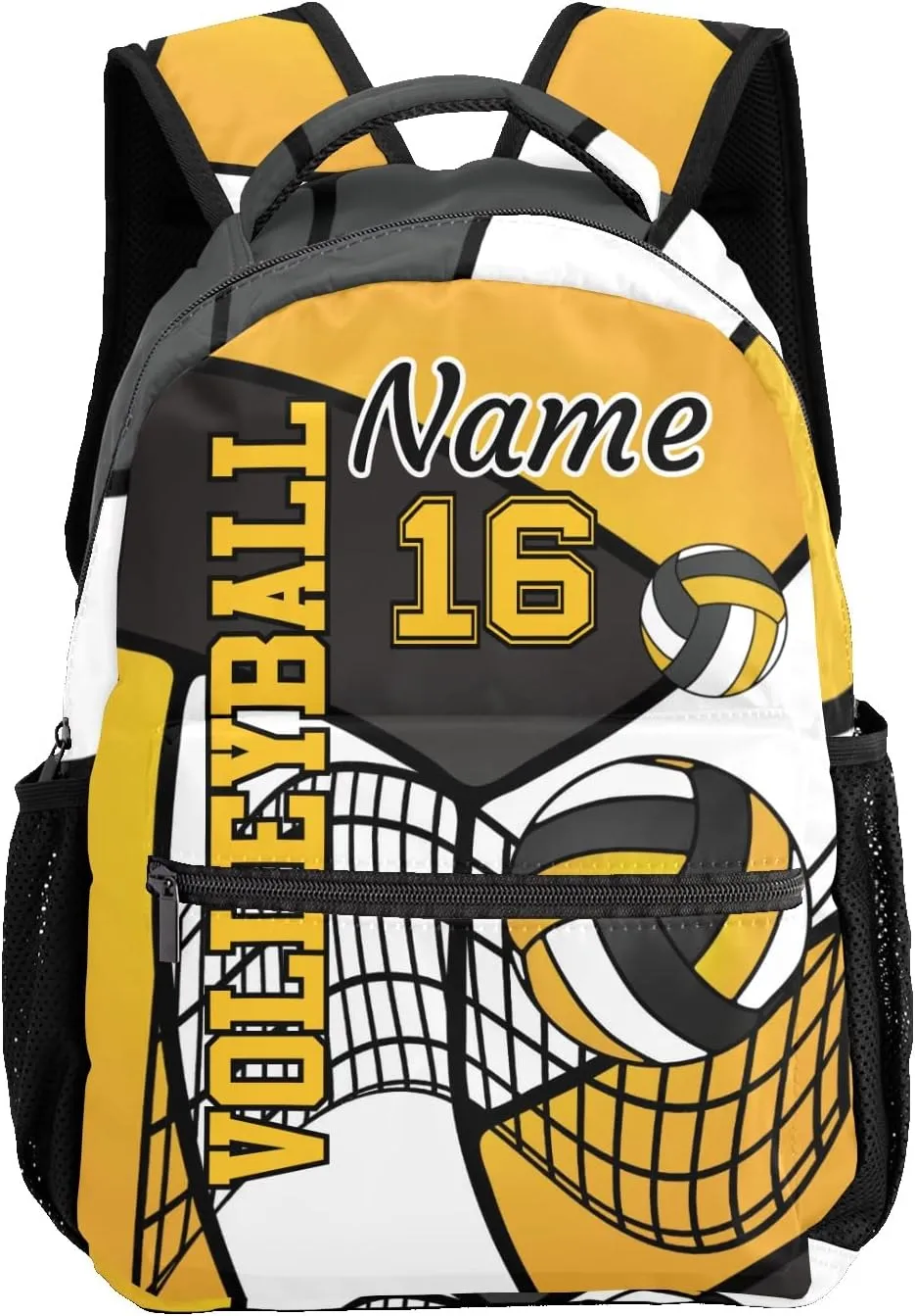 Custom Volleyball Yellow White Black Waterproof Backpack Bookbag with Name for Birthday Holiday Gift