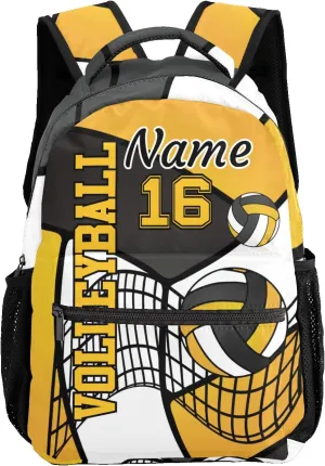 Custom Volleyball Yellow White Black Waterproof Backpack Bookbag with Name for Birthday Holiday Gift