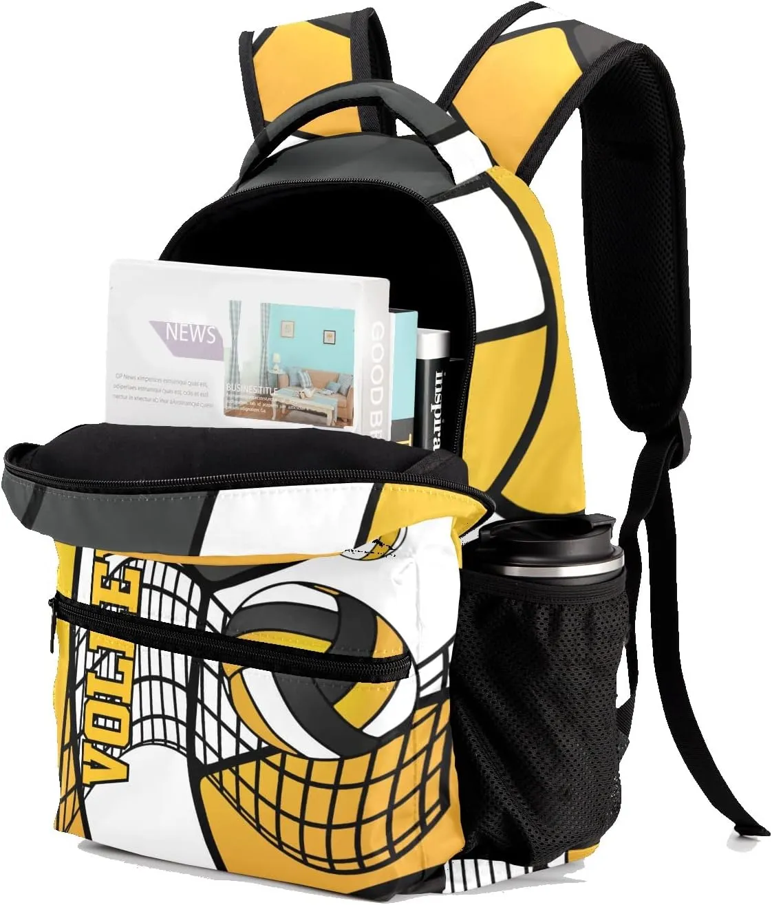 Custom Volleyball Yellow White Black Waterproof Backpack Bookbag with Name for Birthday Holiday Gift