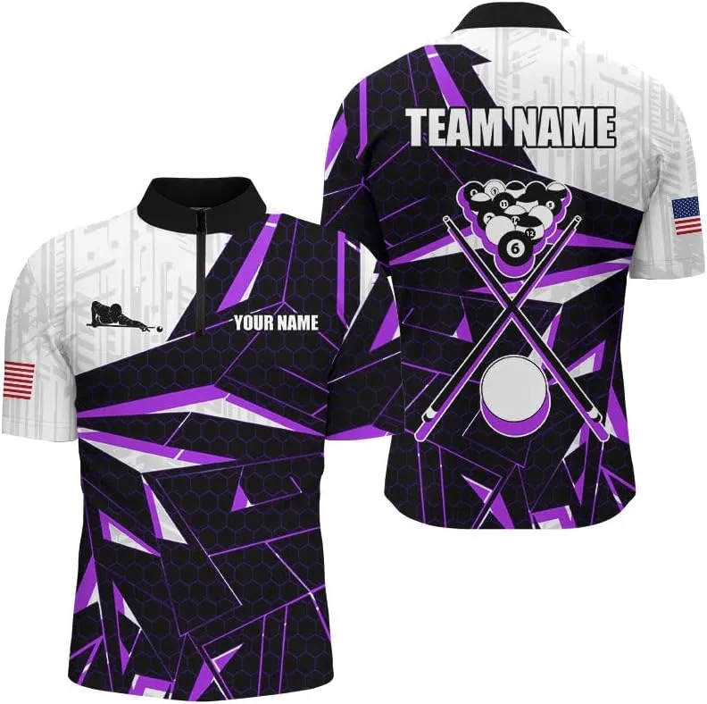 Customized Billiard Jerseys, 8 Ball Shirt, Billiards Shirts for Men, Red Grunge 8 Ball Quarter-Zip Pool