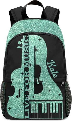 Customized Music Cello Backpack Personalized Name Schoolbag Multipurpose Daypack Sport Casual Travel Bags for Teen Adult Green Glitter Print