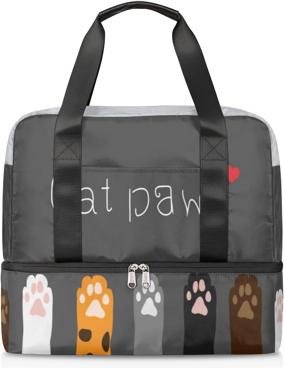 Cute Cat Legs Cat Paw Cartoon Gray Travel Bag Double Tier Zip Closure Weekender Bag with Leather Handle Waterproof Sports Tote Gym Bag for Swim Beach Gym Yoga