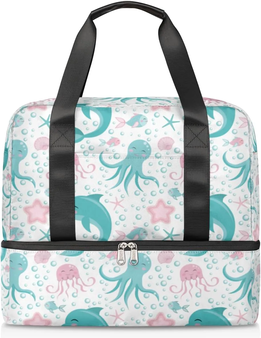 Cute Octopuses Dolphin Jellyfish Shell Fish Starfish Travel Bag Double Tier Zip Closure Weekender Bag with Leather Handle Waterproof Sports Tote Gym Bag for Swim Beach Gym Yoga