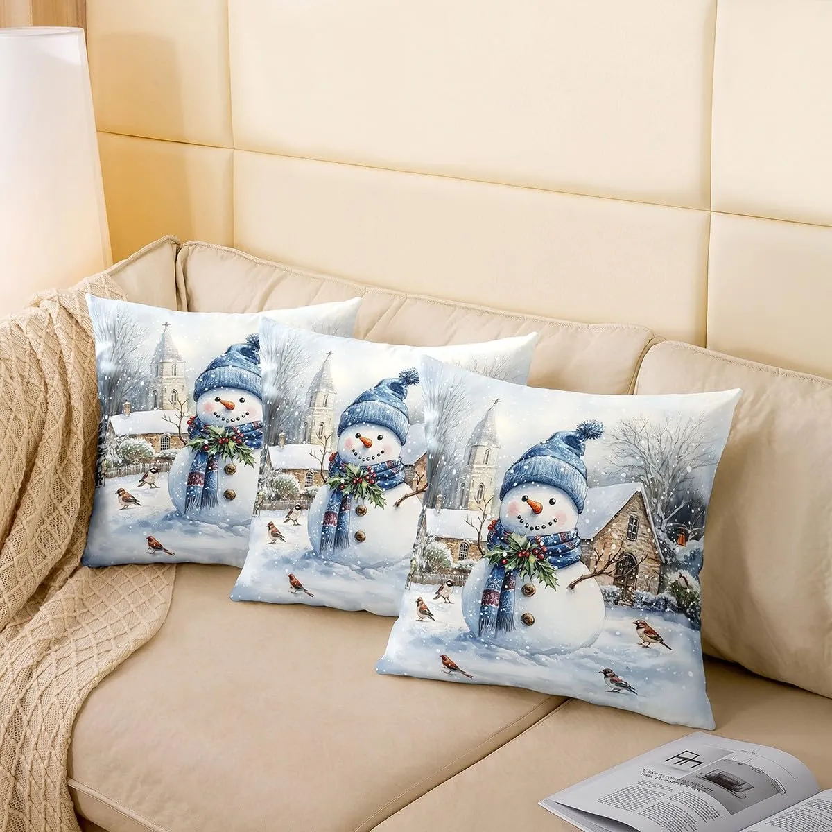 Cute Snowman Throw Pillow Covers Cartoon Watercolor Birds Wild Plants Cushion Covers for Kids Teens Adults Christmas Rustic Farmhouse Style Cushion Cases for Living Room 18x18 Inch Set of 2