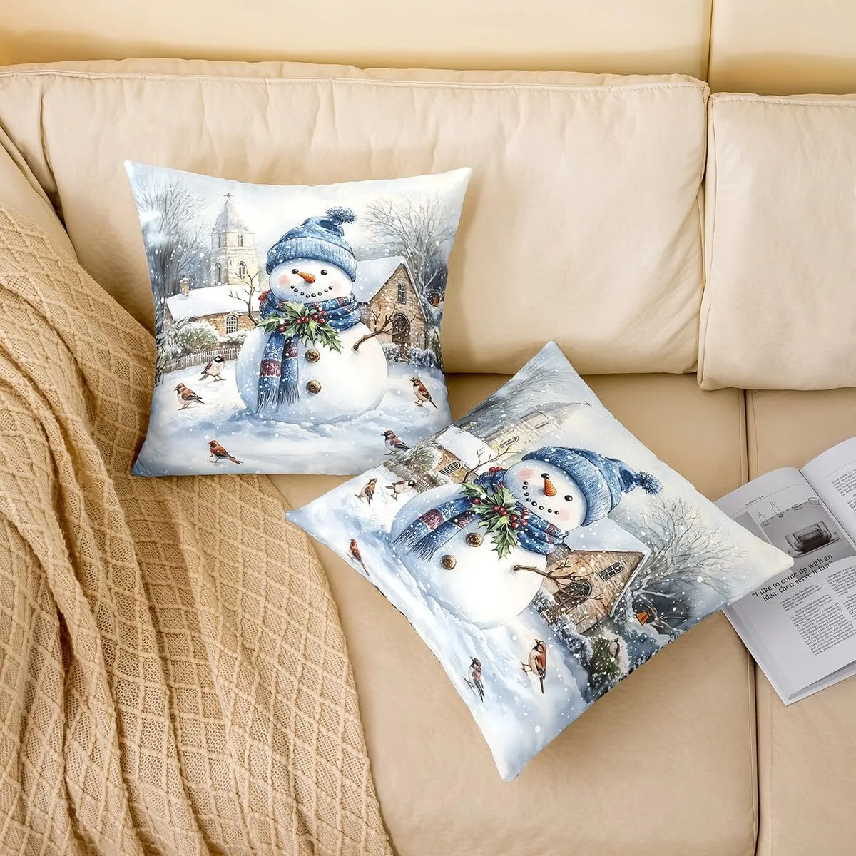 Cute Snowman Throw Pillow Covers Cartoon Watercolor Birds Wild Plants Cushion Covers for Kids Teens Adults Christmas Rustic Farmhouse Style Cushion Cases for Living Room 18x18 Inch Set of 2