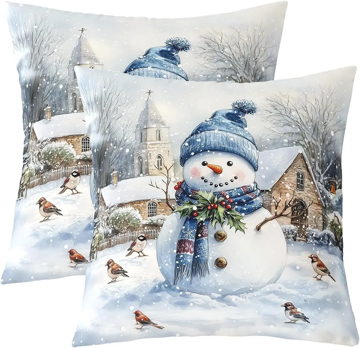 Cute Snowman Throw Pillow Covers Cartoon Watercolor Birds Wild Plants Cushion Covers for Kids Teens Adults Christmas Rustic Farmhouse Style Cushion Cases for Living Room 18x18 Inch Set of 2