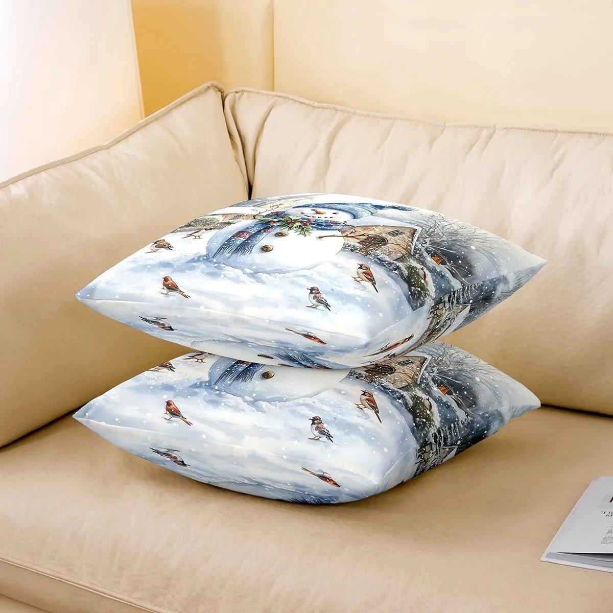 Cute Snowman Throw Pillow Covers Cartoon Watercolor Birds Wild Plants Cushion Covers for Kids Teens Adults Christmas Rustic Farmhouse Style Cushion Cases for Living Room 18x18 Inch Set of 2