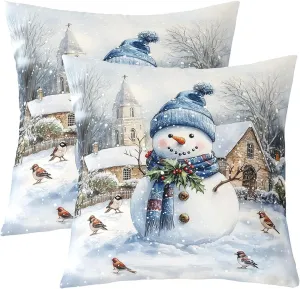 Cute Snowman Throw Pillow Covers Cartoon Watercolor Birds Wild Plants Cushion Covers for Kids Teens Adults Christmas Rustic Farmhouse Style Cushion Cases for Living Room 18x18 Inch Set of 2