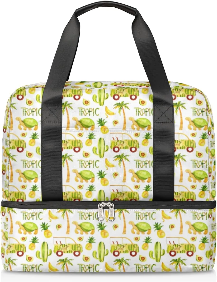 Cute Tropic Animals Travel Bag Double Tier Zip Closure Weekender Bag with Leather Handle Waterproof Sports Tote Gym Bag for Swim Beach Gym Yoga