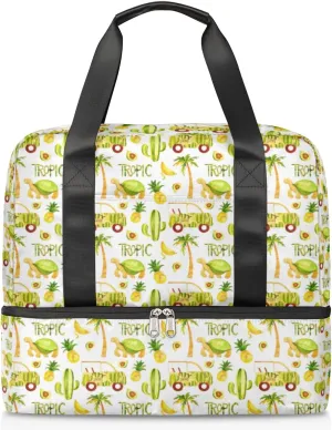 Cute Tropic Animals Travel Bag Double Tier Zip Closure Weekender Bag with Leather Handle Waterproof Sports Tote Gym Bag for Swim Beach Gym Yoga