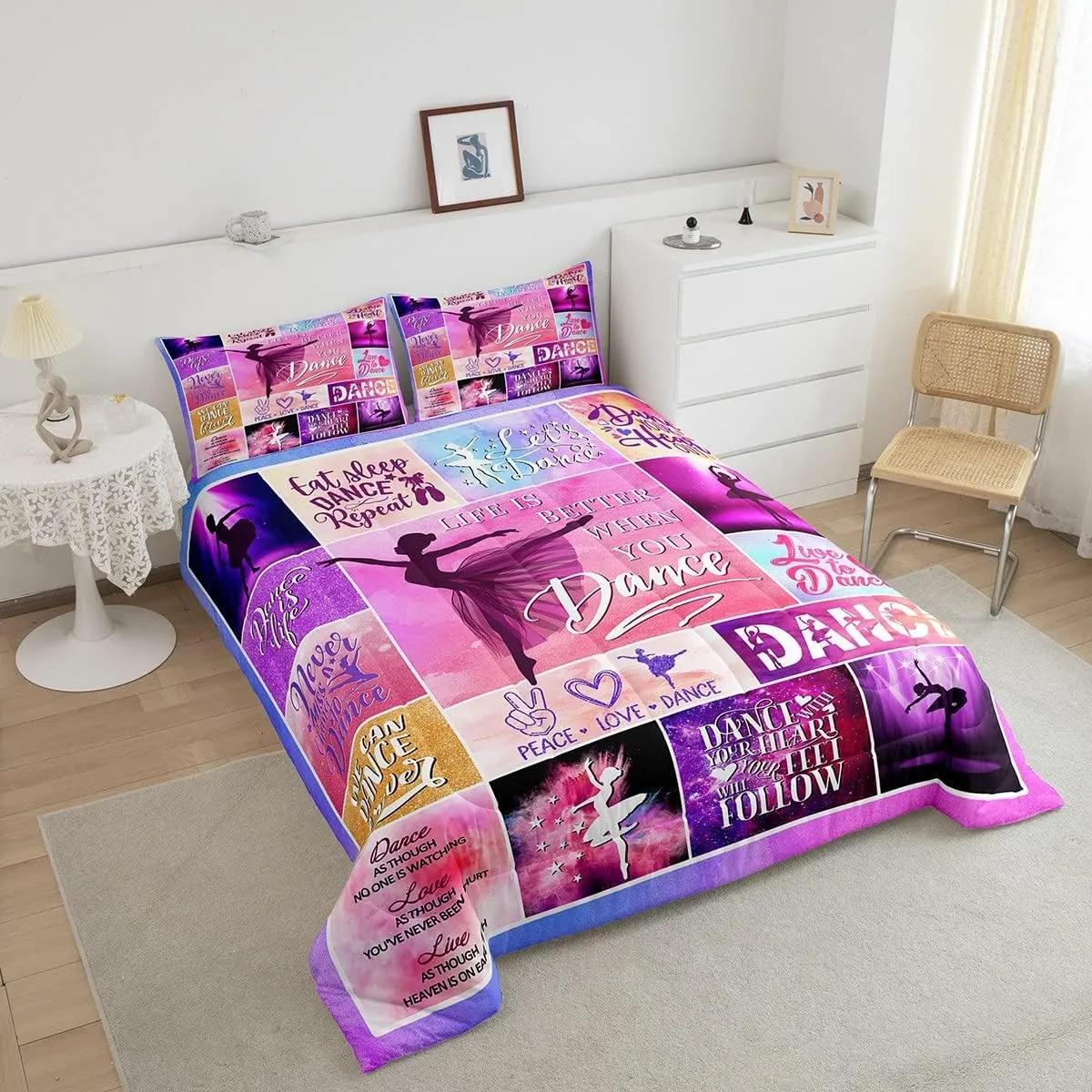 Dance Lovers Kids Comforter Set Queen Size,Ballet Dancers Romantic Bedding Set,Girls Boys Adults Bedroom Decor,Geometric Plaids Patchwork Down Comforter,Pink Purple Chic Duvet Insert,2 Pillowcases