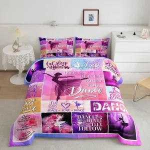 Dance Lovers Kids Comforter Set Queen Size,Ballet Dancers Romantic Bedding Set,Girls Boys Adults Bedroom Decor,Geometric Plaids Patchwork Down Comforter,Pink Purple Chic Duvet Insert,2 Pillowcases