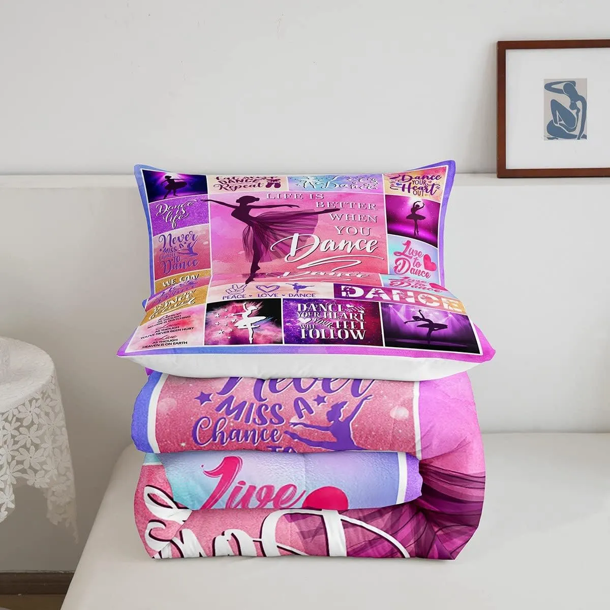 Dance Lovers Kids Comforter Set Queen Size,Ballet Dancers Romantic Bedding Set,Girls Boys Adults Bedroom Decor,Geometric Plaids Patchwork Down Comforter,Pink Purple Chic Duvet Insert,2 Pillowcases