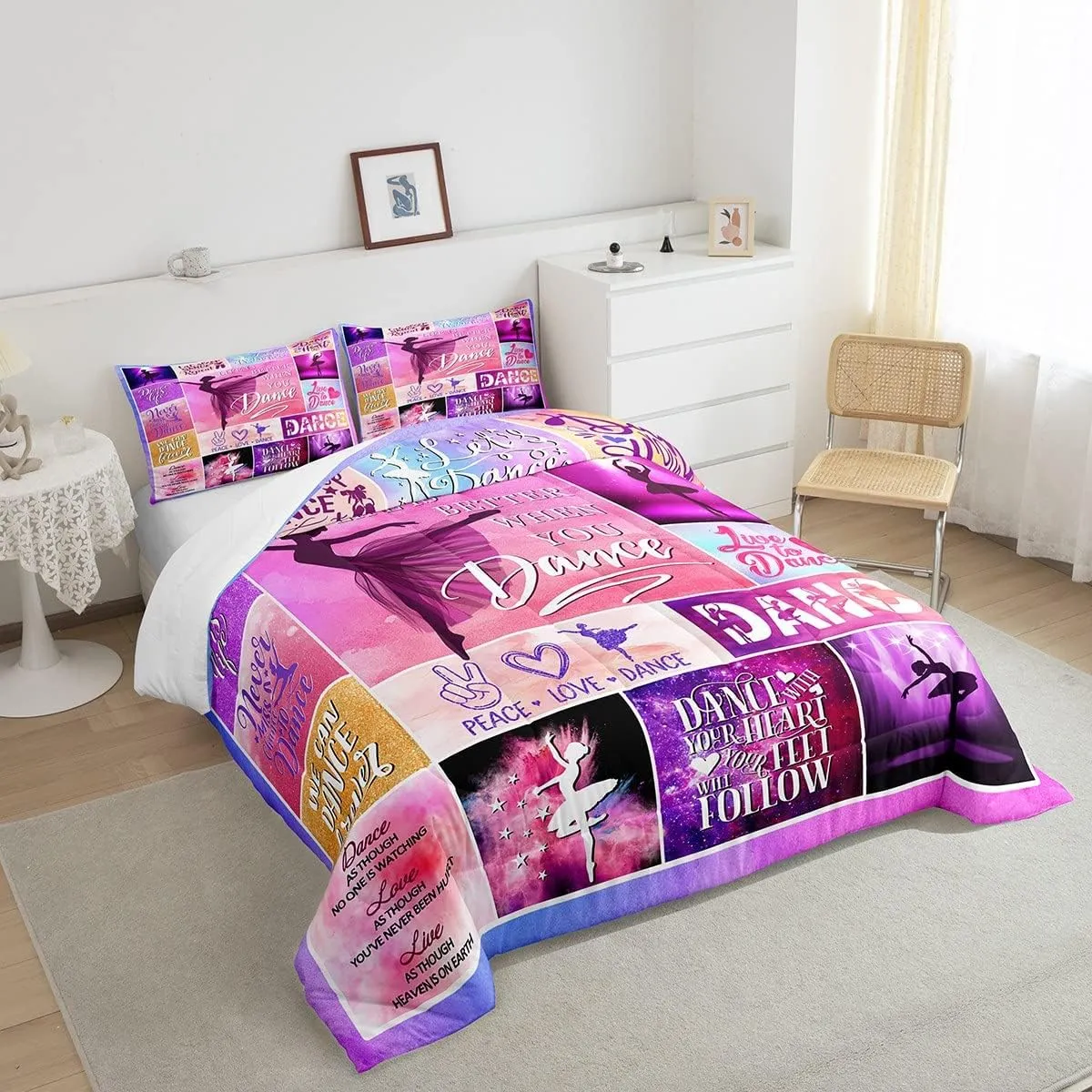 Dance Lovers Kids Comforter Set Queen Size,Ballet Dancers Romantic Bedding Set,Girls Boys Adults Bedroom Decor,Geometric Plaids Patchwork Down Comforter,Pink Purple Chic Duvet Insert,2 Pillowcases